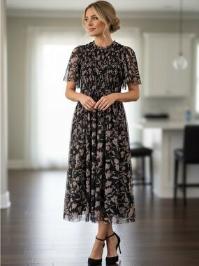 orange creek Black Midi Dress with Blush Floral Print